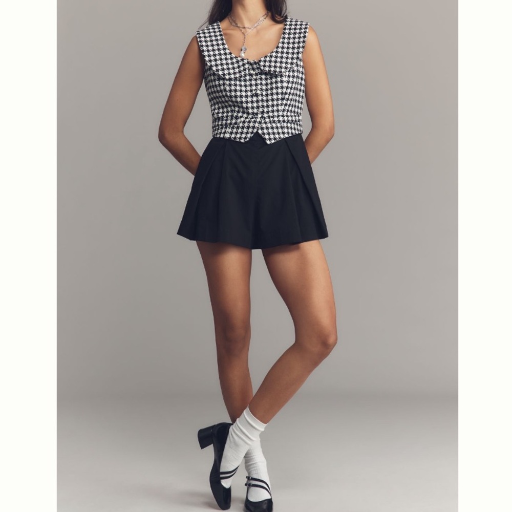 🟤NWT MAEVE by ANTHROPOLOGIE Sleeveless Collared Romper in Houndstooth/Black Sz 6